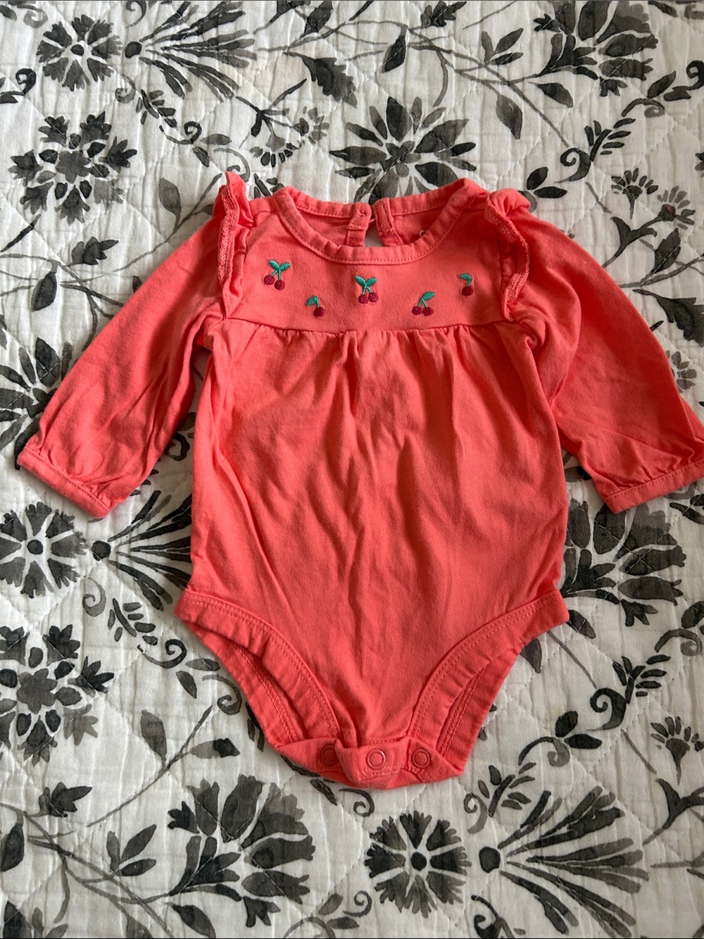 Carter's Coral Long-Sleeve Cherry Embroidered One-Piece
